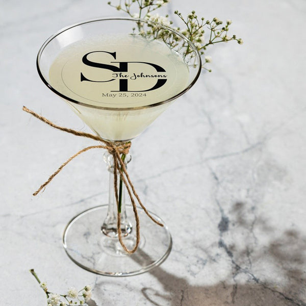 EDIBLE CLEAR circle wedding drink toppers initials, monogram