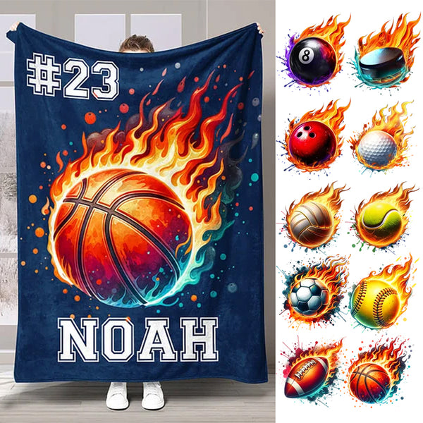 Personalized Flaming Basketball Football Sports Ball Design Blanket