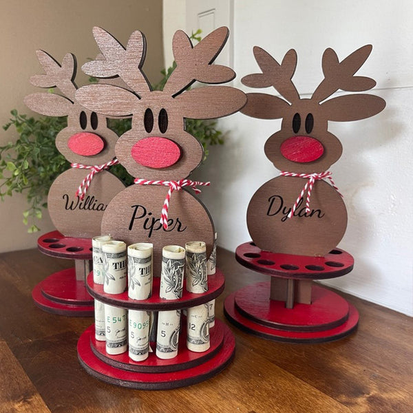 Freestanding Rudolph the Red Nose Reindeer Wooden Money Tree Money Holder with custom name