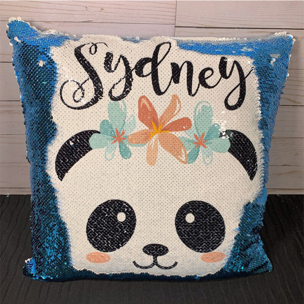 Panda Bear with Floral Crown Custom Mermaid Pillow - Two Tone Sequins Flowers