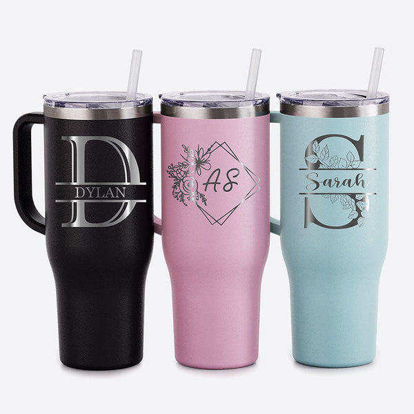 Personalized 40oz Tumbler With Handle, Lid and Straw, Stainless Steel Engraved Tumbler