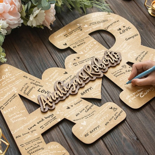 Custom Guest Book Wedding Couple Names Sign, Engraved Wood Letters