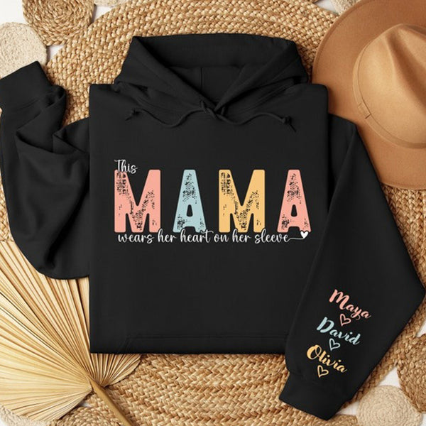 This Mama Wears Her Heart on Her Sleeve Custom Sweatshirt, Custom Mama Hoodie