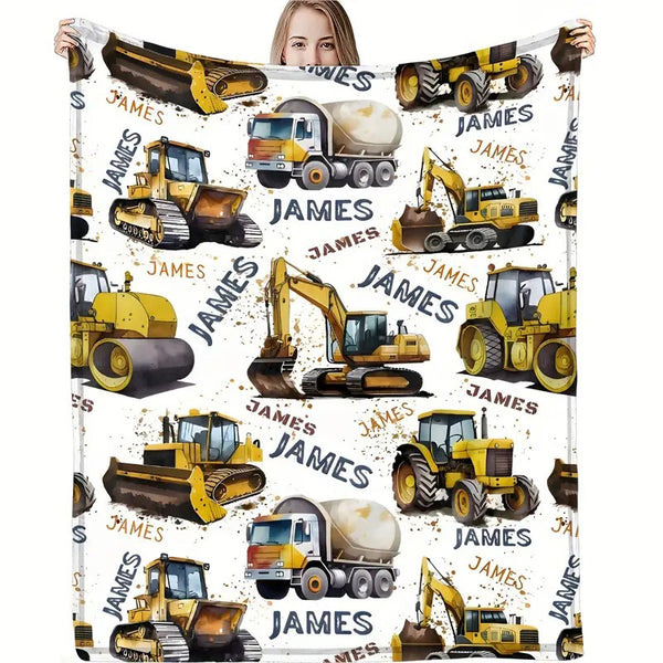 Personalized Fleece Throw Blanket Cute Excavator, Engineering Vehicle