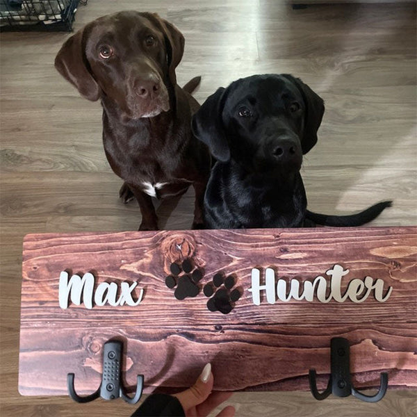 Personalized Dog Wood Leash Holder for 2/ 3 Dogs Raised Paw Name Sign