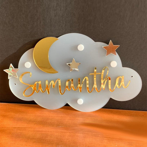 Baby Name Sign Custom Name Plaque Nursery Decor, Cloud Moon & Stars