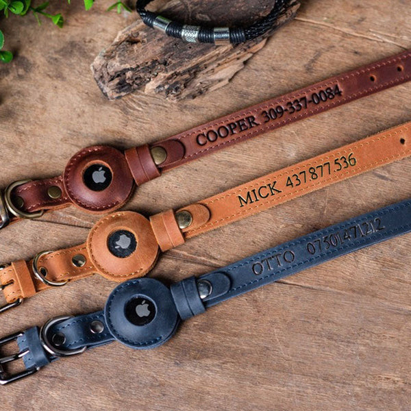 Personalized Leather Dog Collar with AirTag Holder, Personalized Dog Collar, Genuine Leather Dog Collar