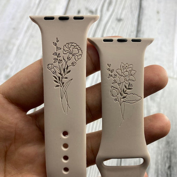 Birthday Flower, Birth Month Floral Silicone Band Laser Engraved, Apple Watch