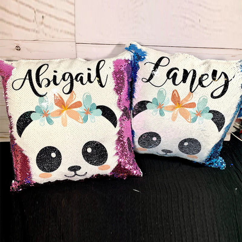 Panda Bear with Floral Crown Custom Mermaid Pillow - Two Tone Sequins Flowers