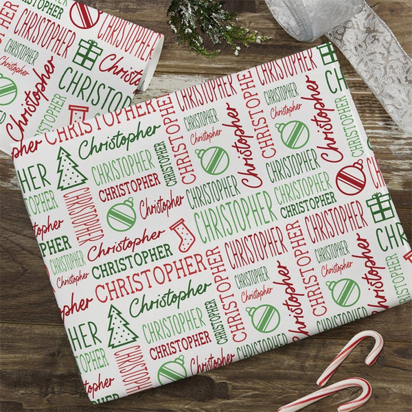 Holiday Repeating Name Personalized Wrapping Paper Christmas Wrapping Paper