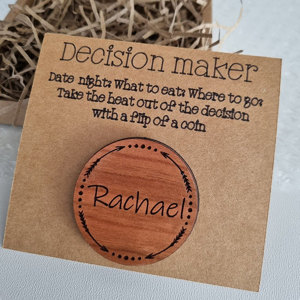 Decision Maker Coin - Decision Flip Coin Personalised |Couples Decision Making | Wooden coin with names