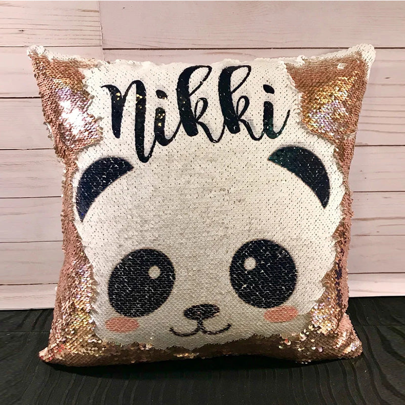 Panda Bear with Floral Crown Custom Mermaid Pillow - Two Tone Sequins Flowers