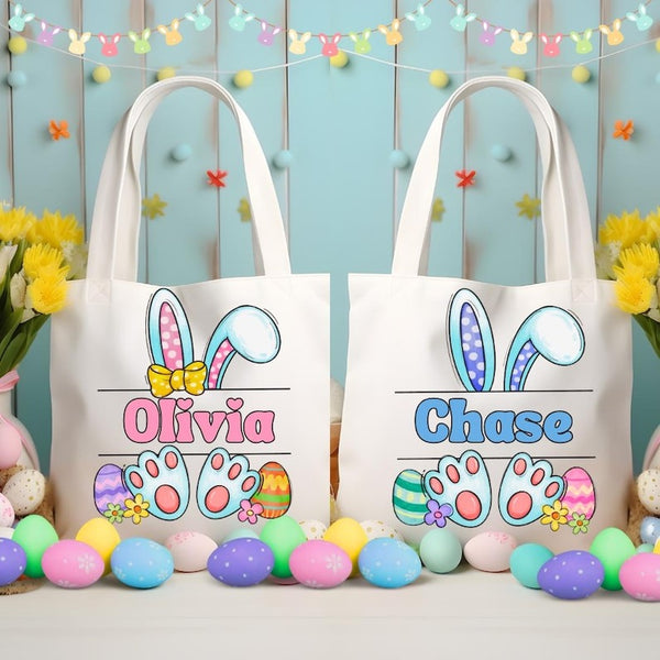 Personalized Easter Bunny Canvas Tote Bag, Custom Name Easter Bag, Bunny Ears Easter Bunny