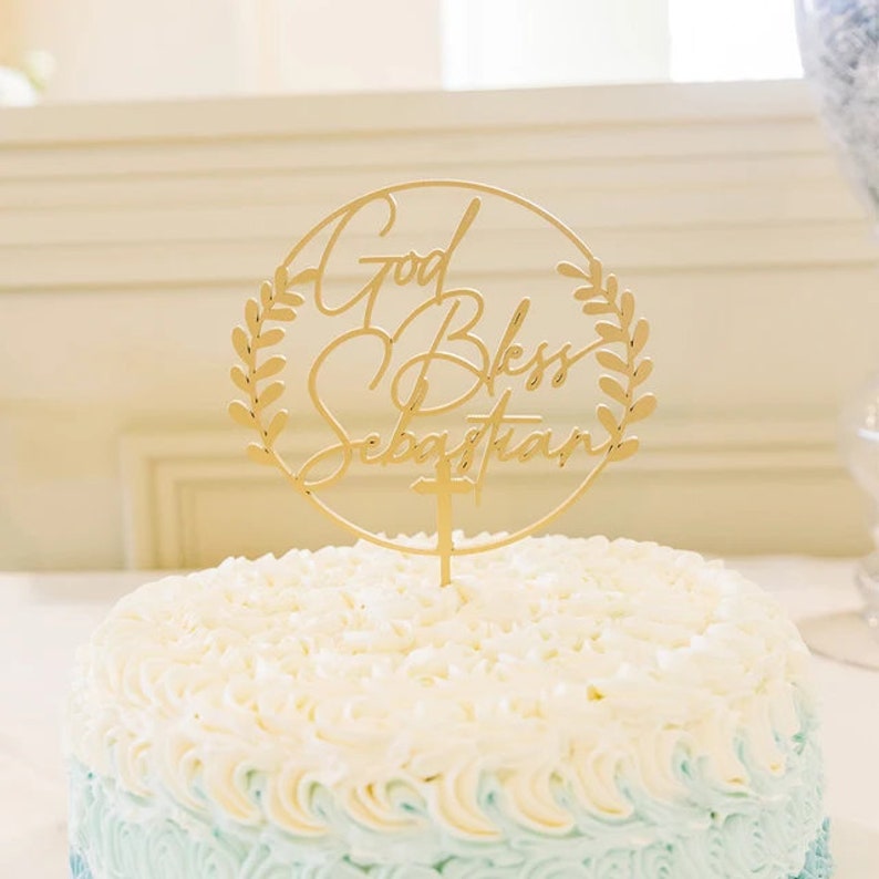 Baptism cake topper, God bless cake topper, Wreath Christening cake topper, First Communion Cake topper