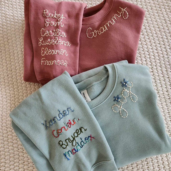 Mama- Hand Embroidered Sweatshirt, Collar Embroidery, Name on Sleeve, Mother's Day Gift