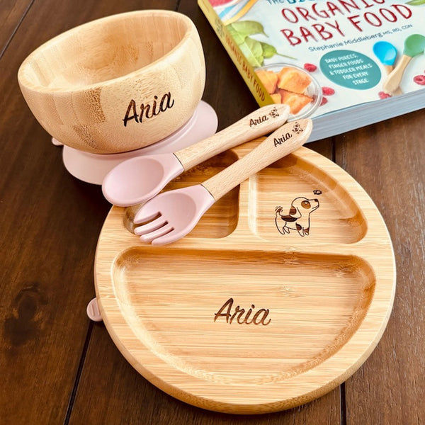 Personalized Baby Dining Set | Toddler Feeding| Name Plate | Custom Name Engraved Bow