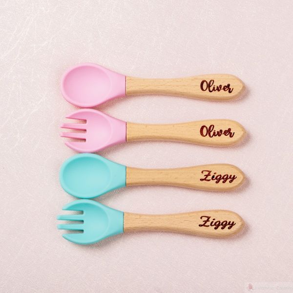 Personalized Engraved Silicone Spoon and Fork for Baby