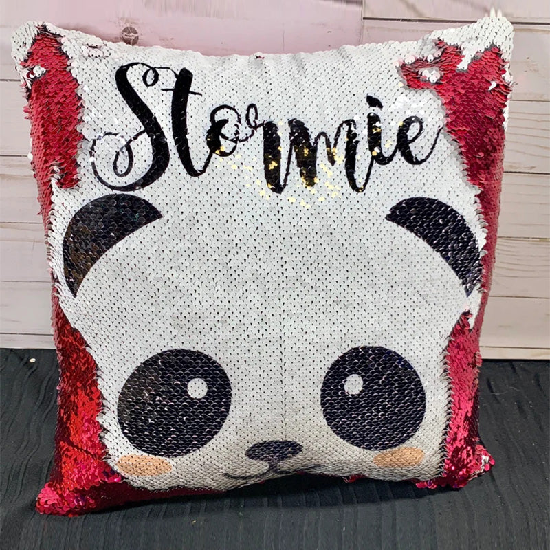 Panda Bear with Floral Crown Custom Mermaid Pillow - Two Tone Sequins Flowers