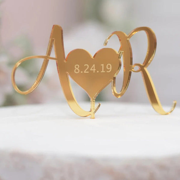 Initials Wedding Cake Topper with date gold acrylic