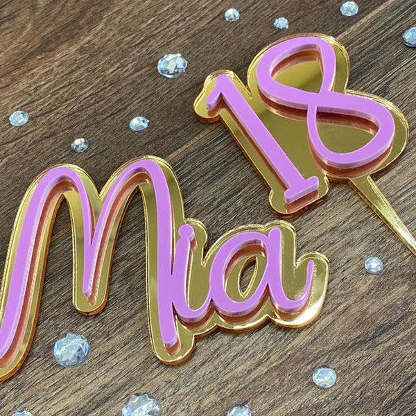 Double layered acrylic cake topper / cake charm - Name and Number