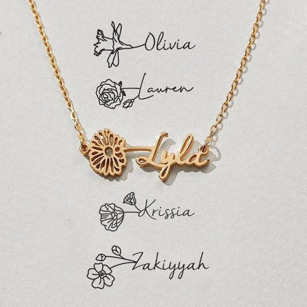 Custom Name Necklace with Birth Flower,Dainty Personalized Minimalist Jewelry