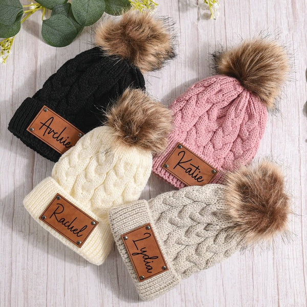 Leather Patch Beanies Kid Knitted Hat,Child & Adult