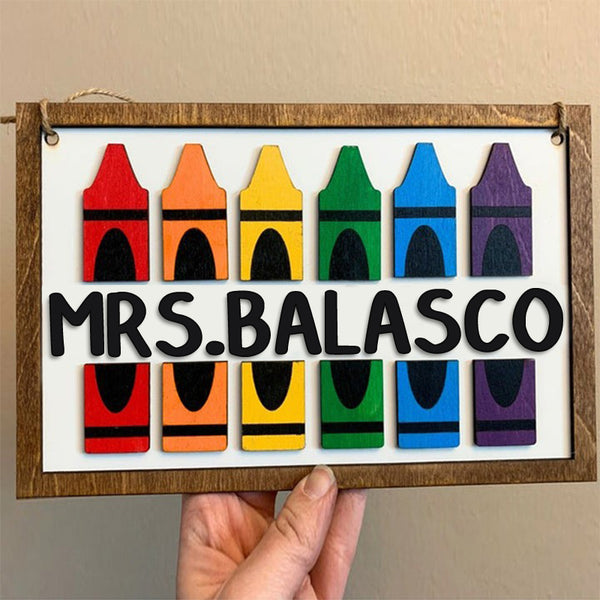 Personalized Teacher Rainbow Crayon Wood Door Sign