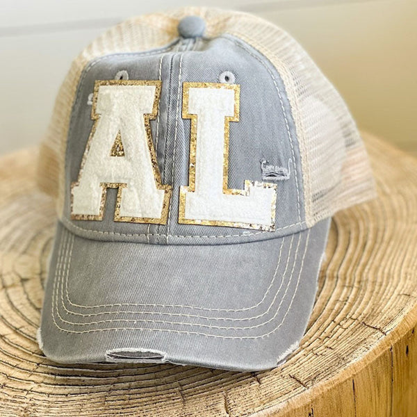 Distressed Hat with Varsity Letter Patches