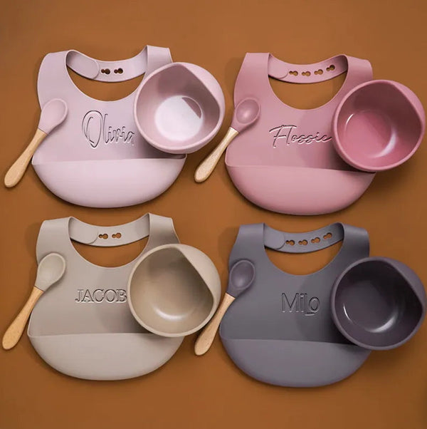 Personalised Engraved Silicone Bib, Suction Bowl, Spoon Feeding Set, Eco Friendly, Gift, New Baby