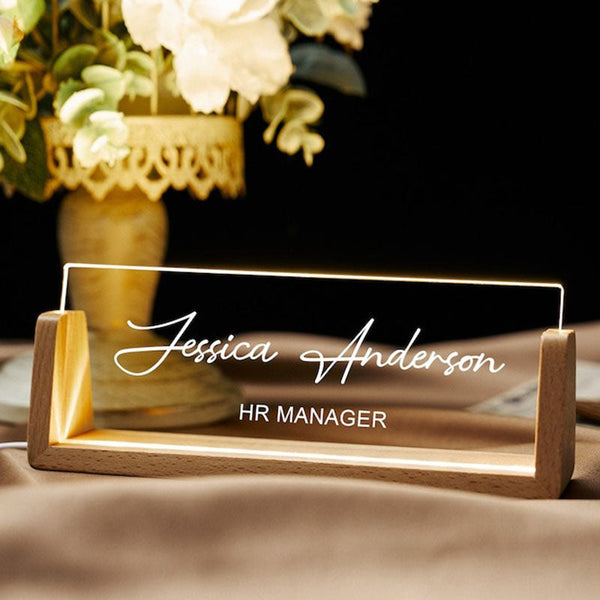 Personalized Desk Name Plate with Wooden Base, Lighted Acrylic Nameplate