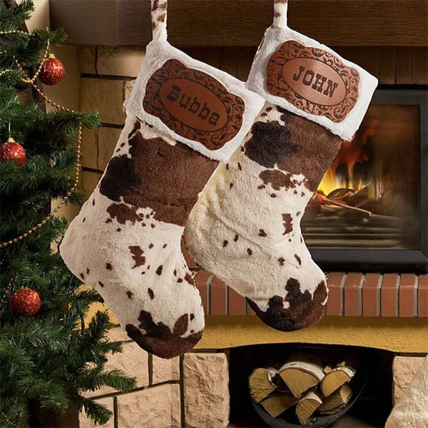 Personalized Western Cowboy Cow Print Fleece Christmas Stocking