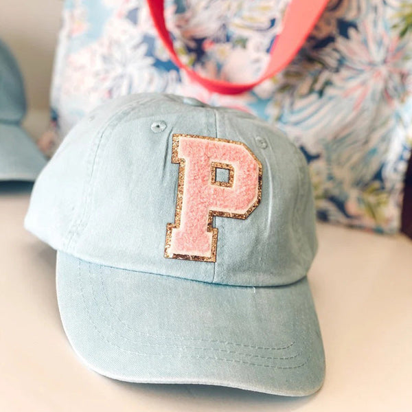 Vintage Chenille Varsity Letter Patch Hat - Personalized Women's Ball Cap - Pigment Dyed Team Color Hat