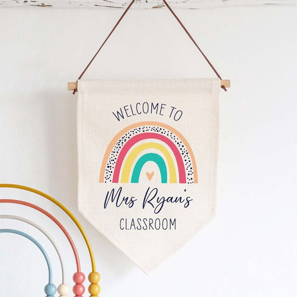 Personalised Teacher Rainbow Classroom Linen Style Hanging Flag