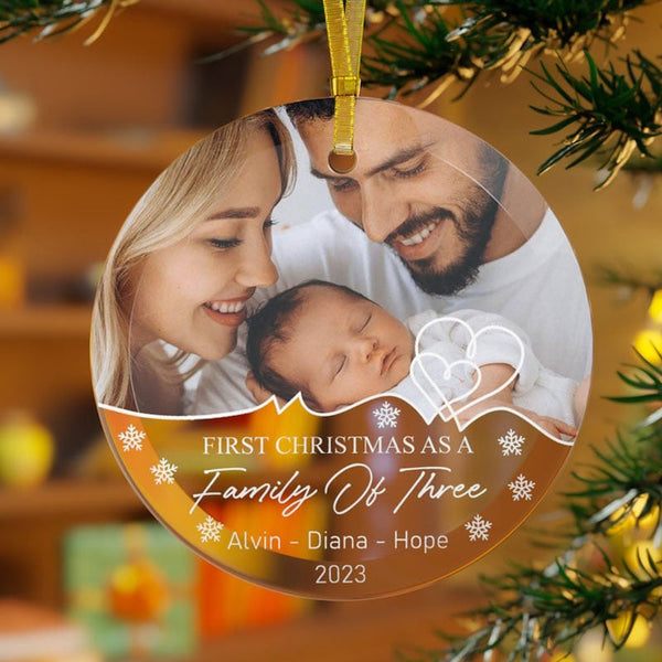 First Christmas As A Family Of Three Glass Ornament, Personalized Ornament, Baby's First Christmas Ornament