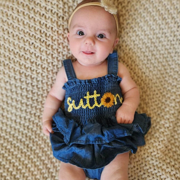 Hand Embroidered Denim Romper, Personalized Birthday Outfit with Name