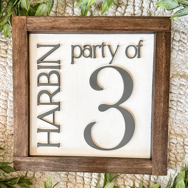 Party of 3 Sign, 3D Number Sign, Last Name Sign, Custom Family Name Sign