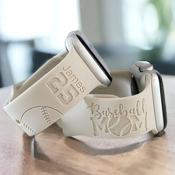 Personalized Watch Band for Apple, Samsung BASEBALL MOM Engraved Silicone Sports Band