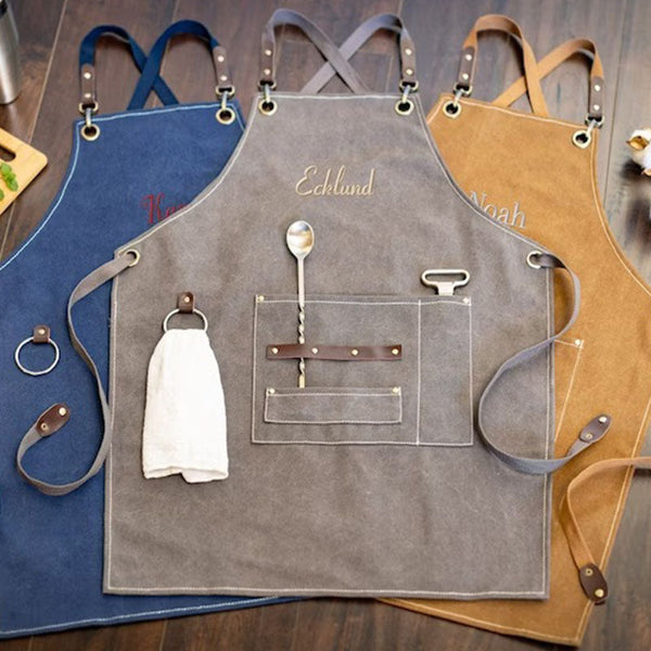 Custom Canvas Workshop Barbeque Apron With Pockets, Personalized Bar Apron