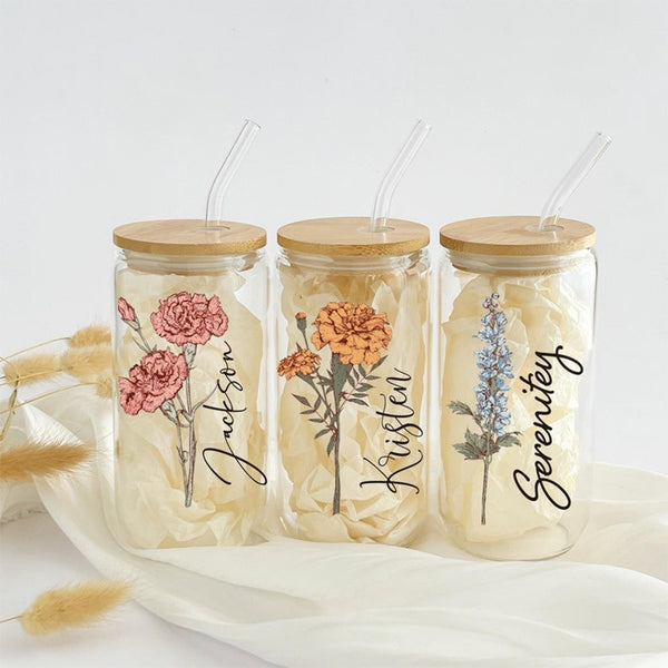 Personalized Birth Flower Tumbler With Name, Birth Flower Glass