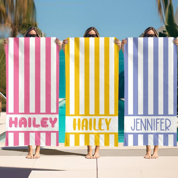 Striped Personalized Beach Towel, Kids Custom Name Pool Towels