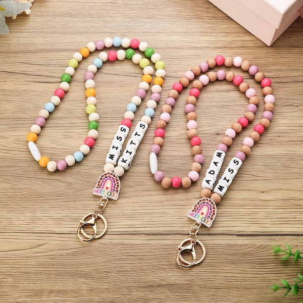 Personalized Teacher ID Lanyard,Custom Rainbow Teacher Lanyard Beaded