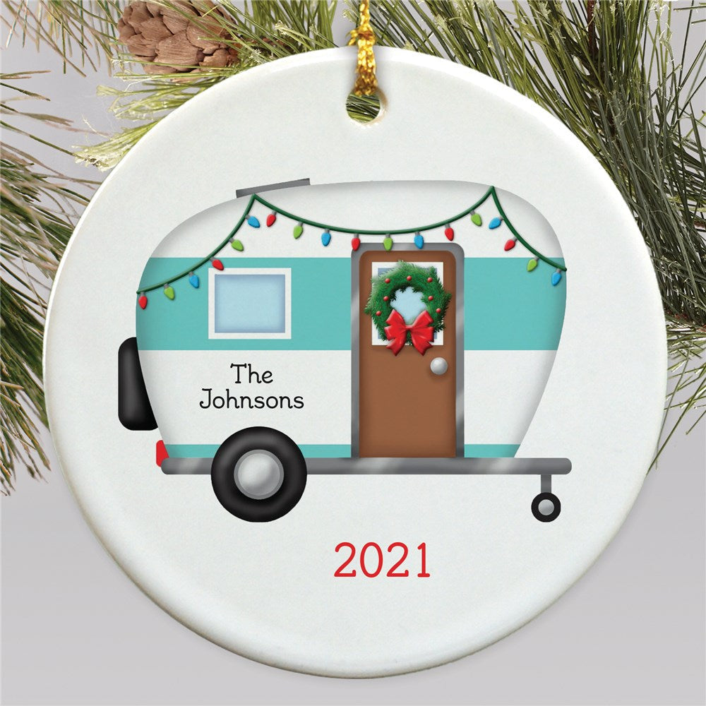 Personalized Happy Camper Ceramic Holiday Ornament