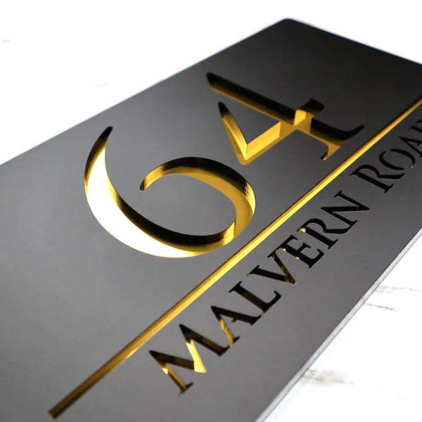 Laser Cut Matt Black & Gold Mirror Floating House Sign Door Address Laser Number Plaques