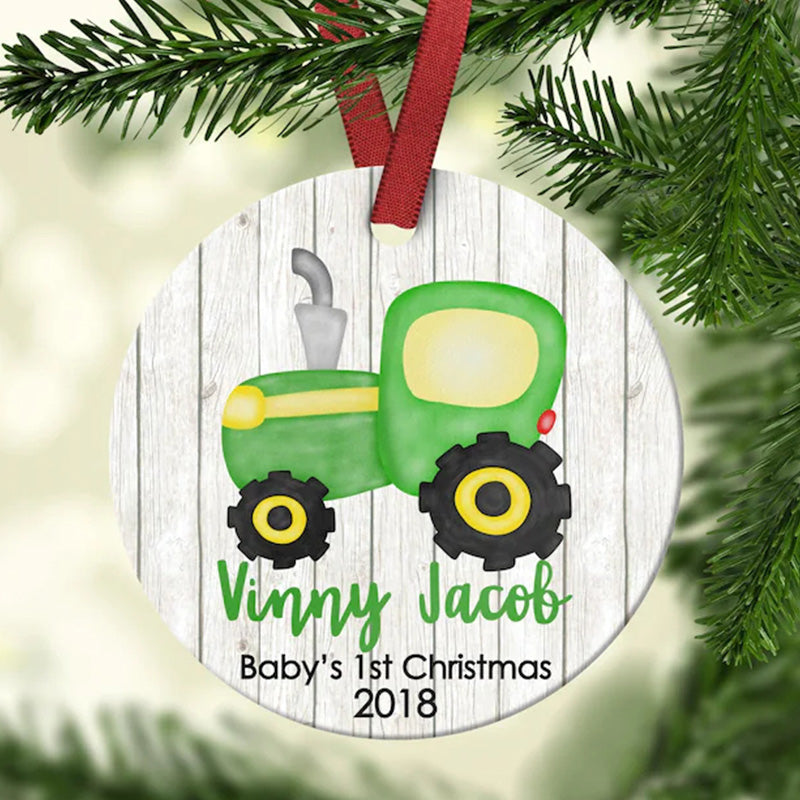 Personalized Baby's First Christmas Ornament Green Tractor