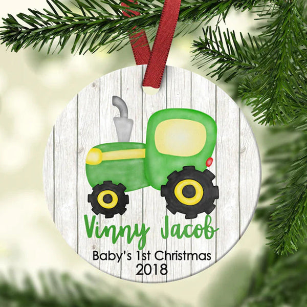 Personalized Baby's First Christmas Ornament Green Tractor